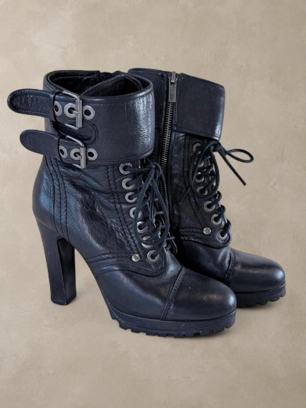 Dolce Vita Joelle Black Leather Heeled Combat Moto Boots 6.5